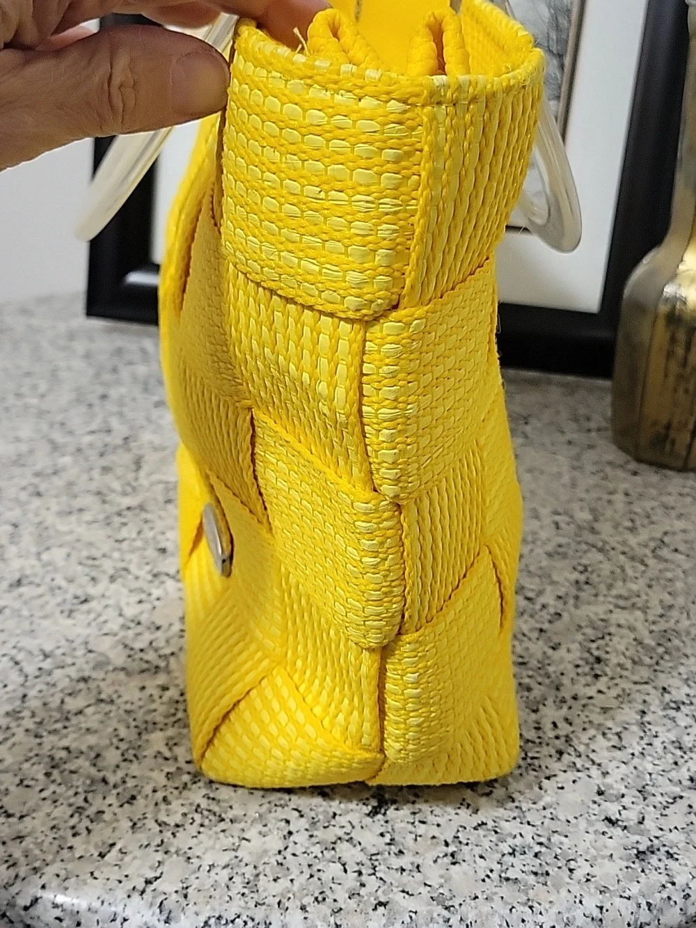 Yellow Woven Bag Lucite Handles Zippered Top Vintage Italian Alma Creazioni - Picture 6 of 16